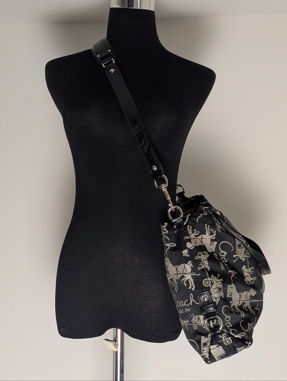 Coach Ashley Horse & Carriage Sateen and Black Leather Purse/Shoulder Bag